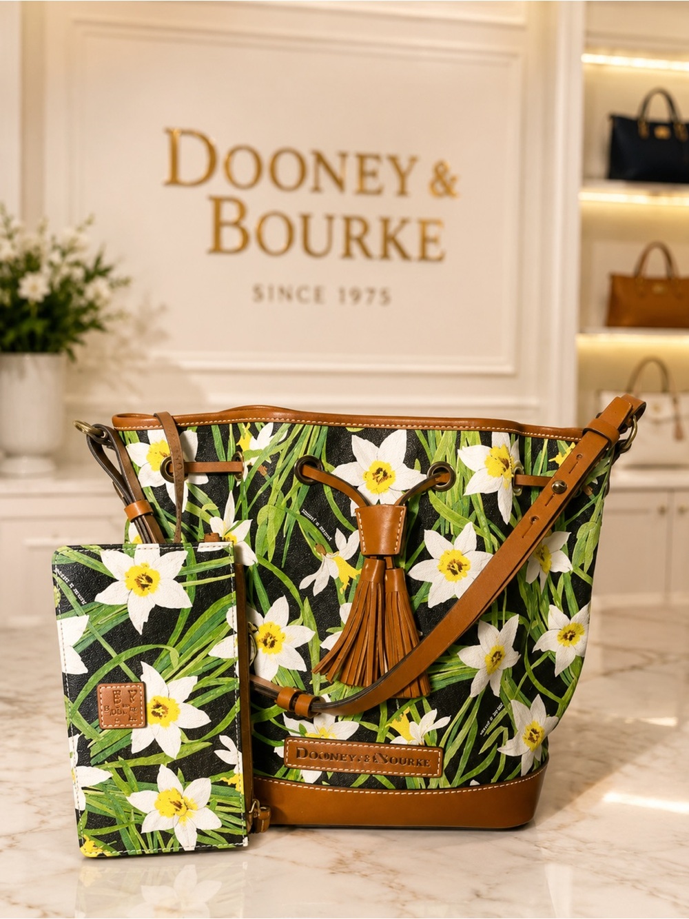 DOONEY & BOURKE Daffodil Drawstring Flower Tassel Bucket Bag + Matching Wallet 🌼